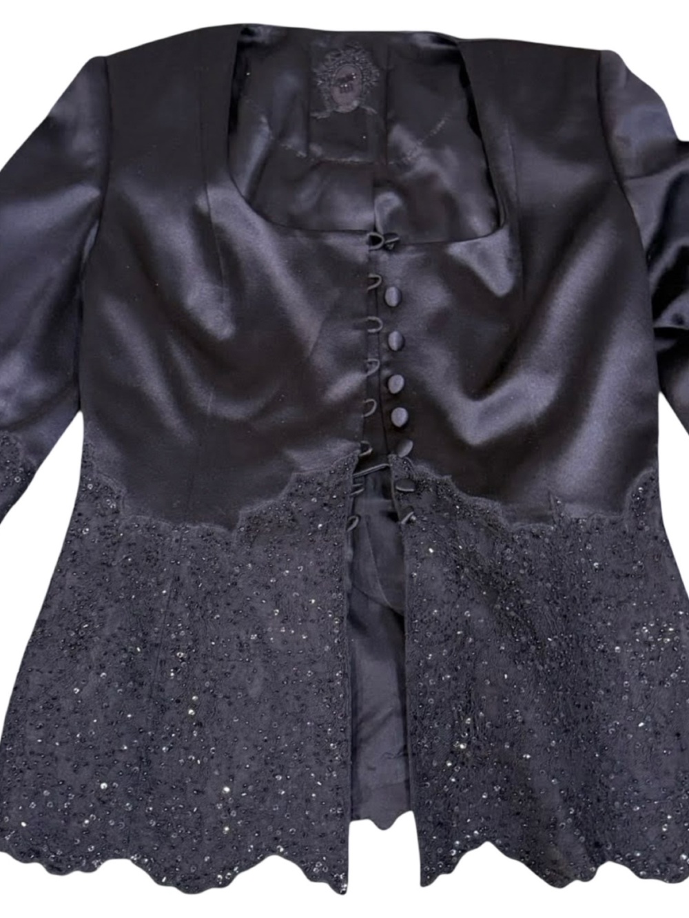 Zang Toi Black Satin Blazer with Beaded Lace Trim